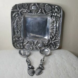 Metal Serving Platter and Spoon Fork Sea Creatures Coastal 3 Pc BETTY BARRENA